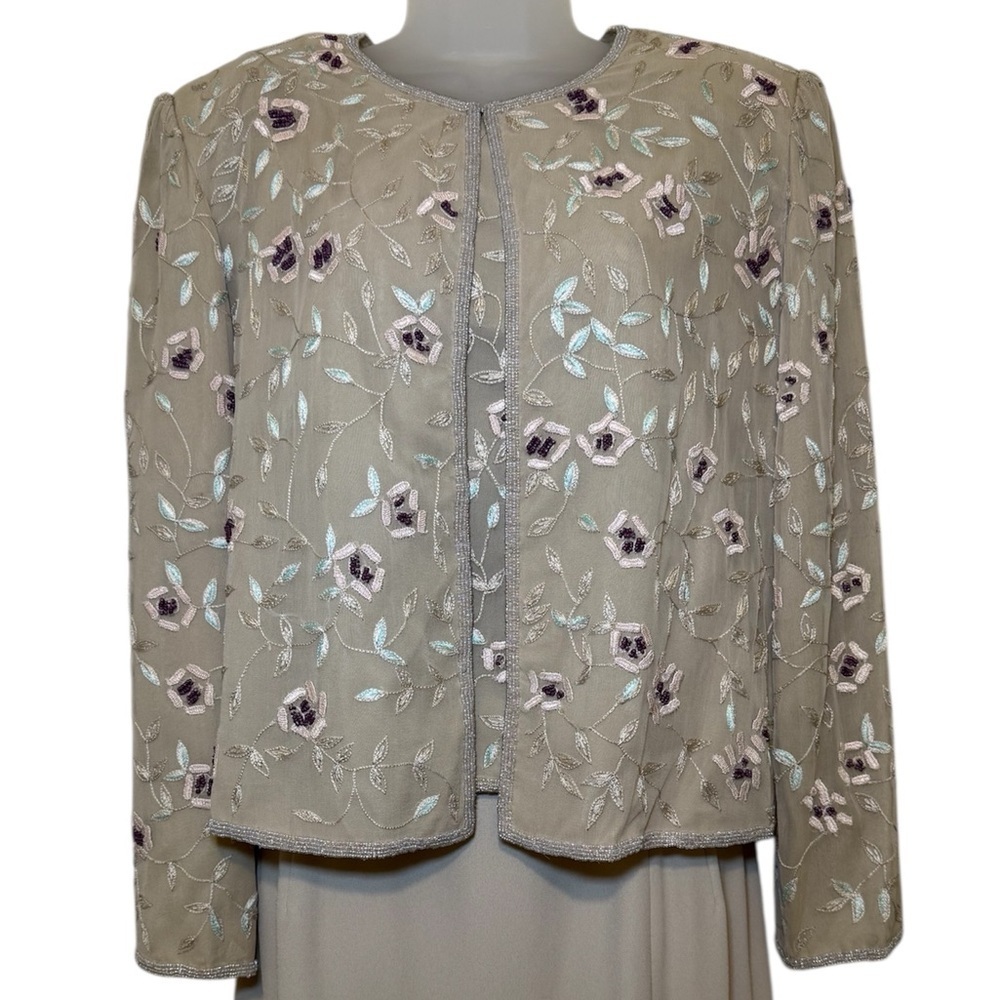 Adrianna Papell Evenings Floral Elegance 3pc. Set Beaded Jacket Silk Size 14P